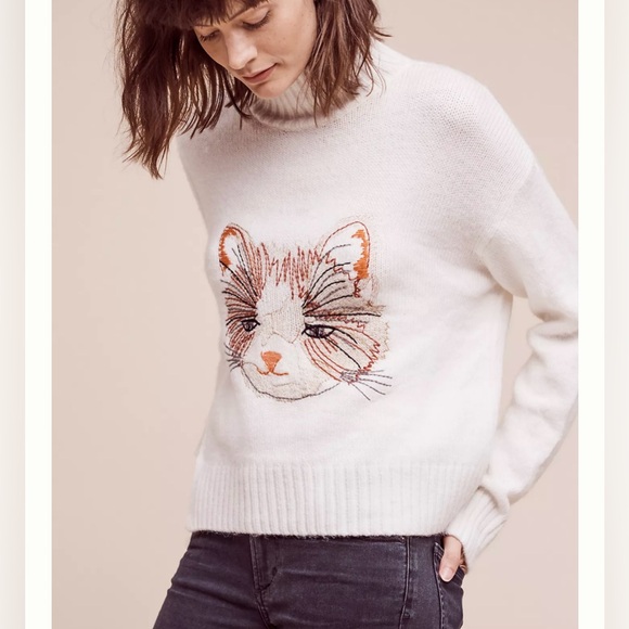 Anthropologie Sweaters - Anthropologie Moth Miaou Embroidered Cat Mockneck Sweater
